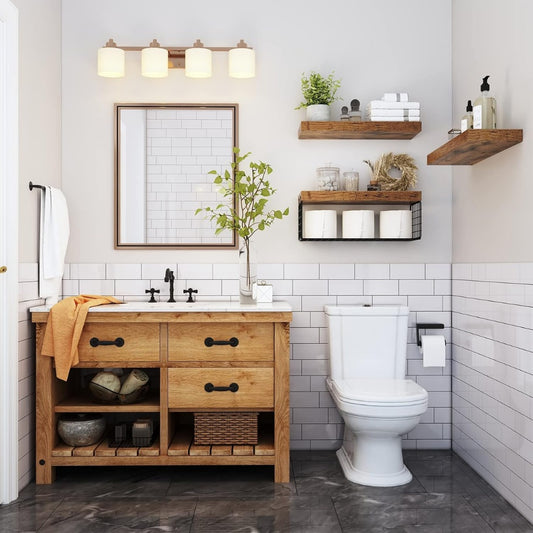 Shelf set installed beside a bathroom mirror