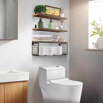Rustic Floating Shelves with Iron Storage Basket | 3 Wood Shelves + Basket Wall Organizer-SROYAS 