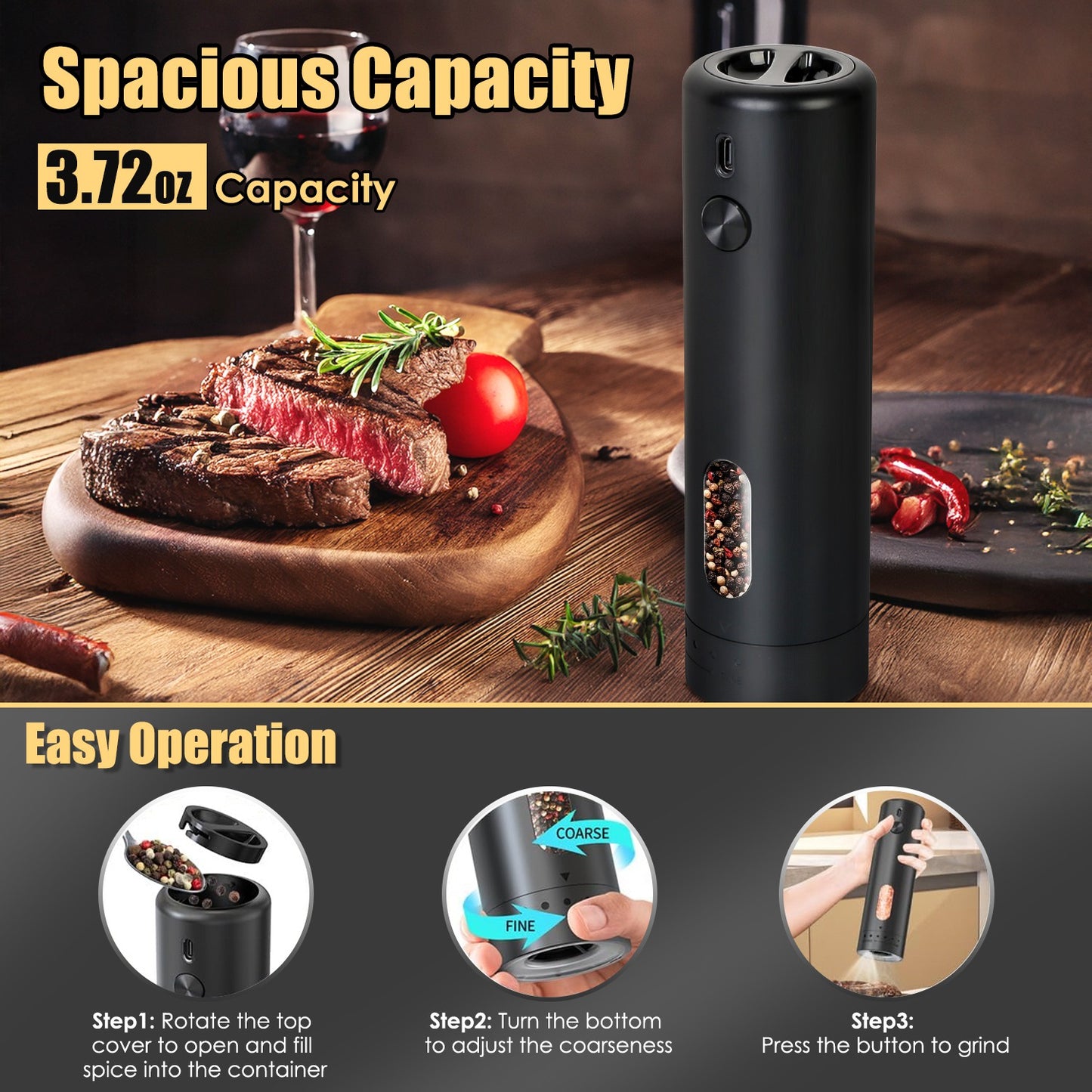 USB Electric Pepper Grinder with LED Light - 6 Levels