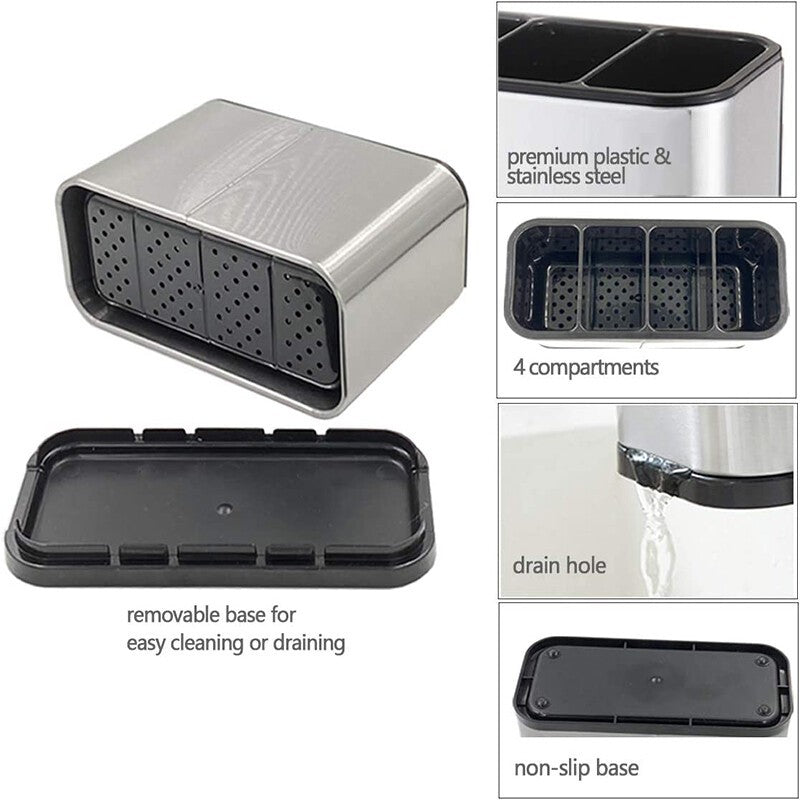 Stainless Steel Utensil Holder with 4 Compartments & Drain Base - product image 8 | SROYAS kitchen countertop organizer