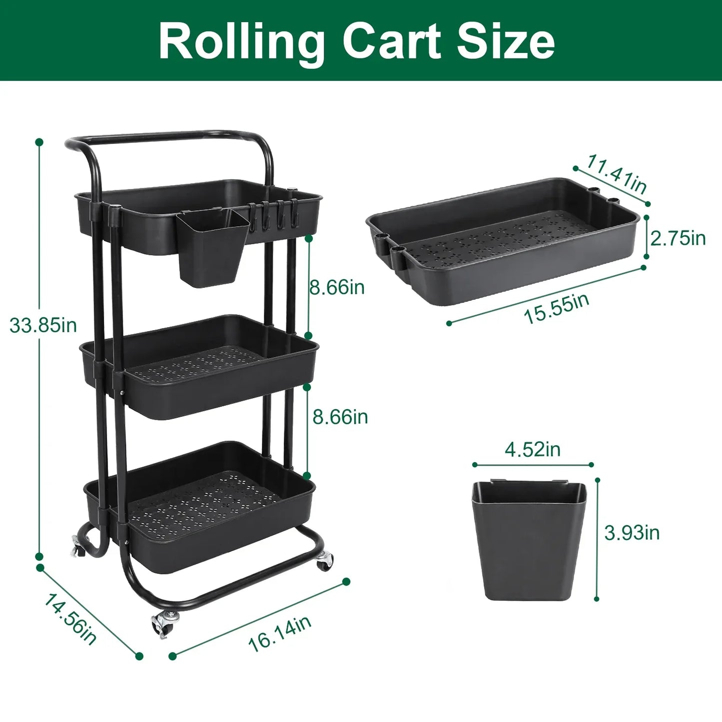 3-Tier Rolling Storage Cart – Mesh Baskets & Lockable Wheels-SROYAS 