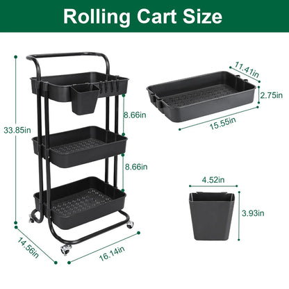 3-Tier Rolling Storage Cart – Mesh Baskets & Lockable Wheels-SROYAS 