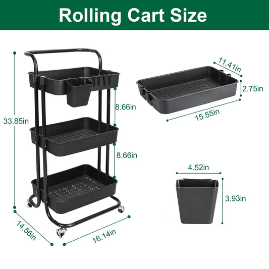 3-Tier Rolling Storage Cart – Mesh Baskets & Lockable Wheels-SROYAS 