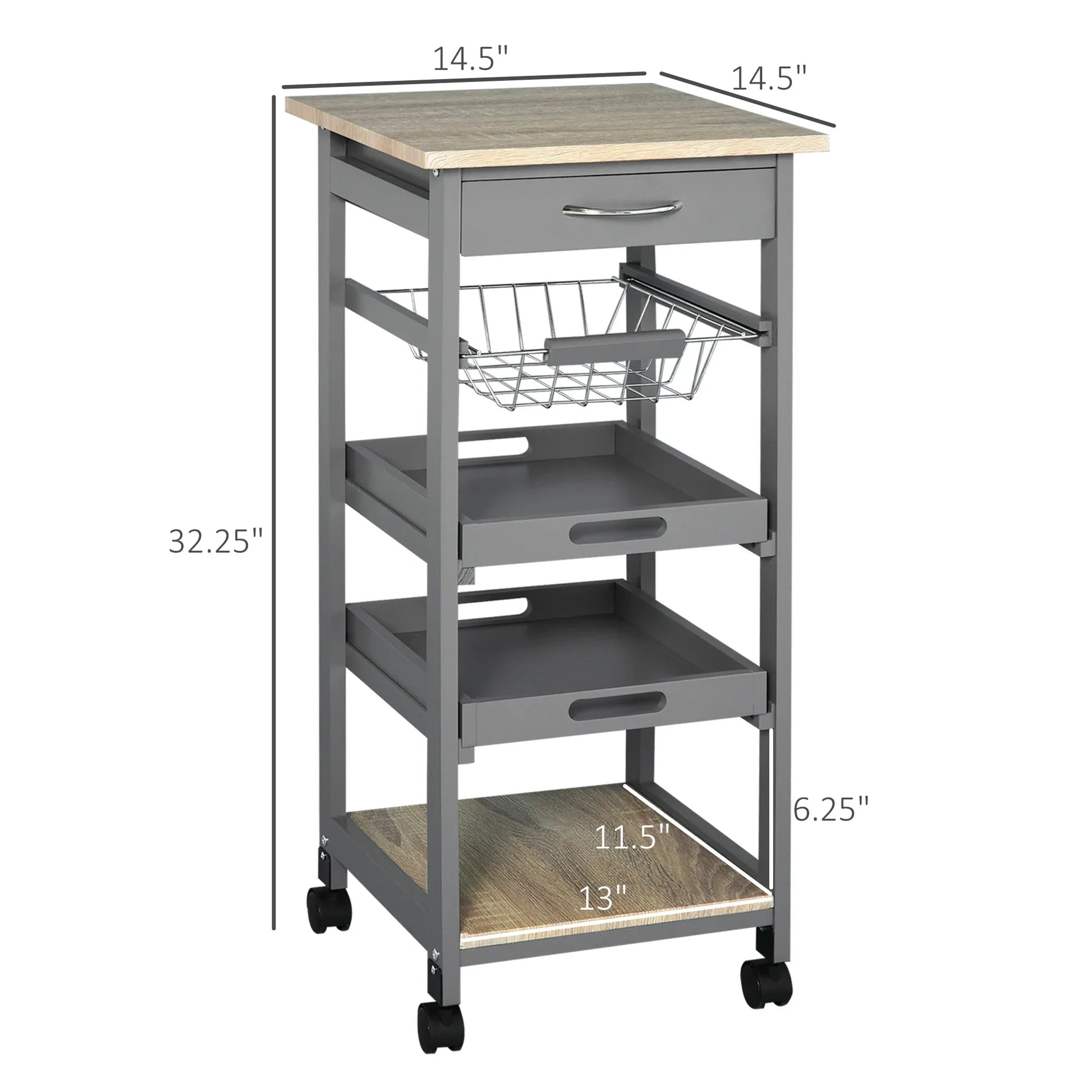 Rolling Kitchen Cart – Solid Wood Island with Drawer, Trays & Basket-SROYAS 