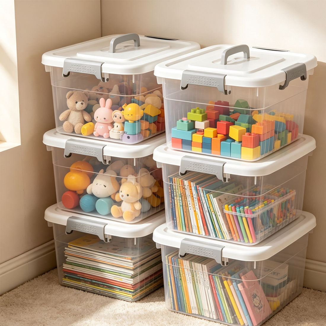 Clear boxes used for toys, blocks and stationery