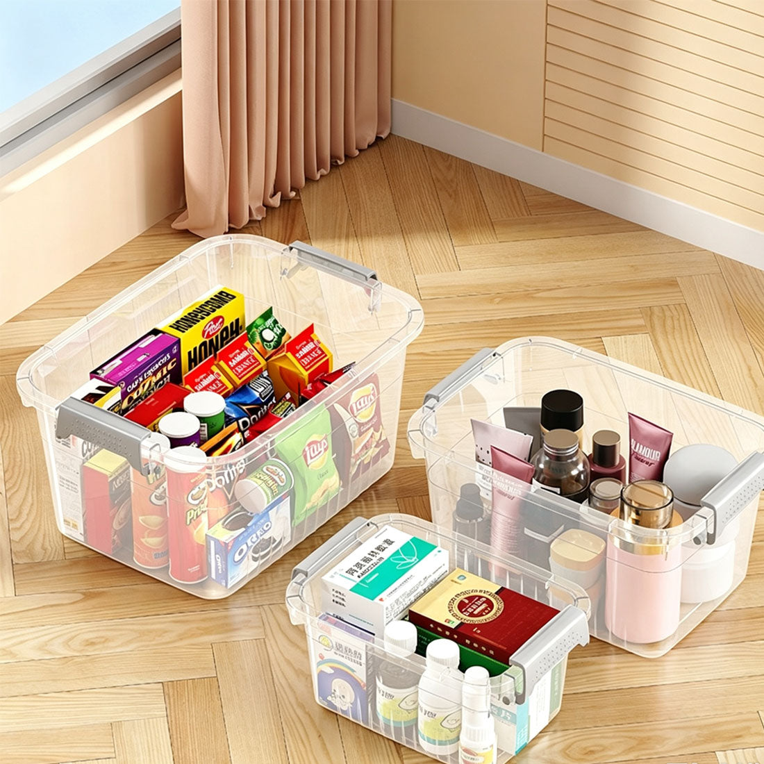 Open boxes holding packaged items and accessories