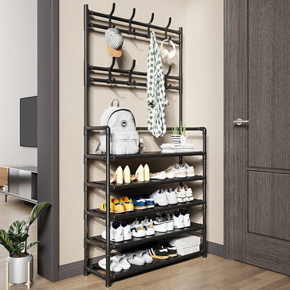 Combined coat stand and five-level shoe rack in a hallway