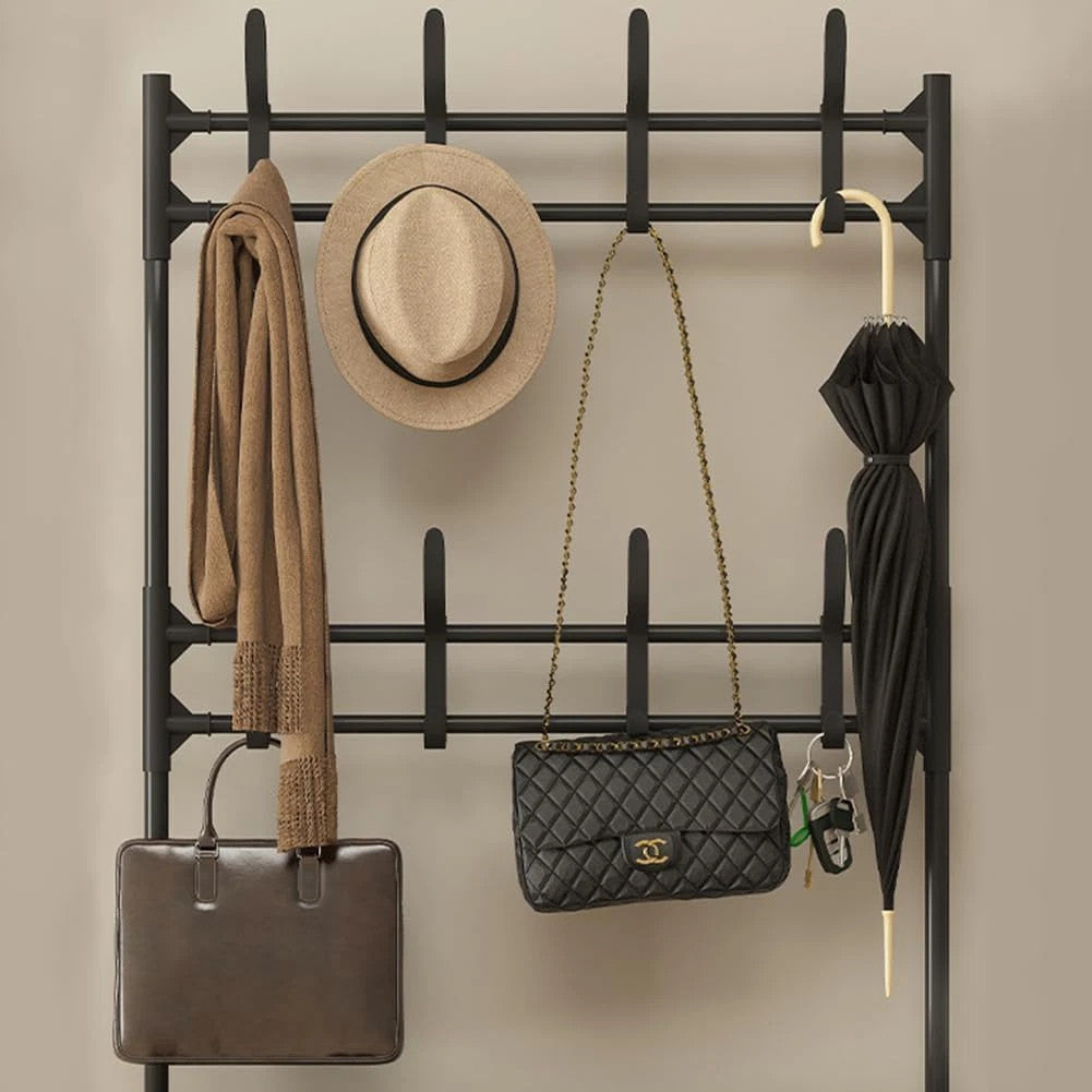 Two rows of hooks holding hats bags and accessories