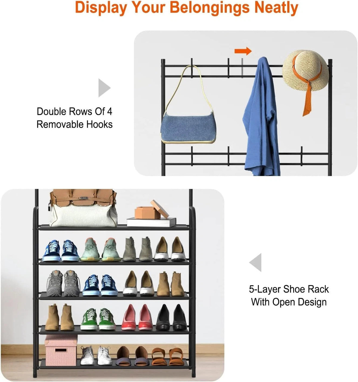Eight removable hooks and five shelf-level feature graphic
