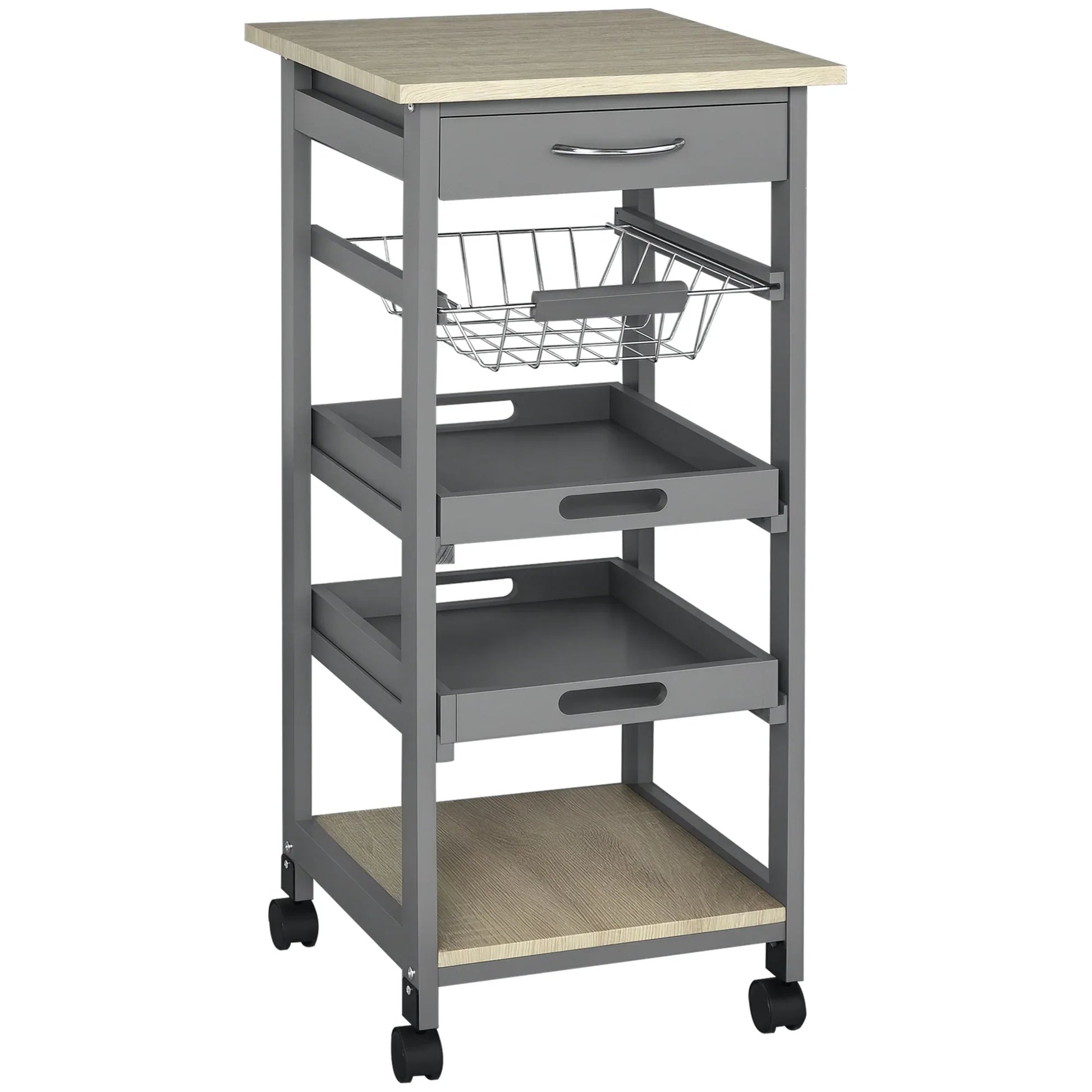 Rolling Kitchen Cart – Solid Wood Island with Drawer, Trays & Basket-SROYAS -Color:Grey-Size:850x425x170 mm