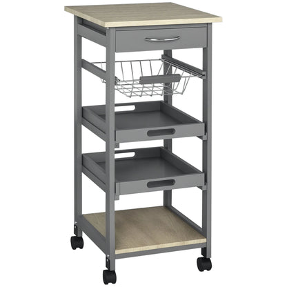 Rolling Kitchen Cart – Solid Wood Island with Drawer, Trays & Basket-SROYAS -Color:Grey-Size:850x425x170 mm