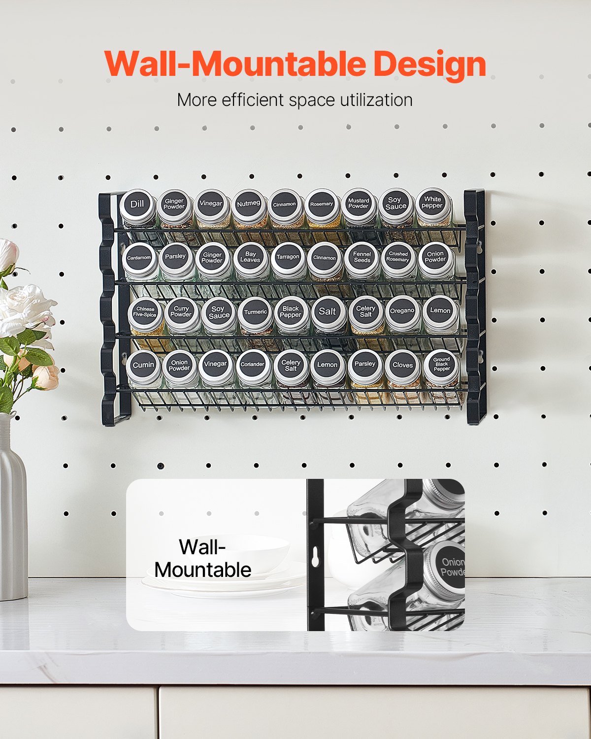 4-Tier Spice Rack Organizer with 36 Glass Jars – Countertop or Wall Mount-SROYAS 