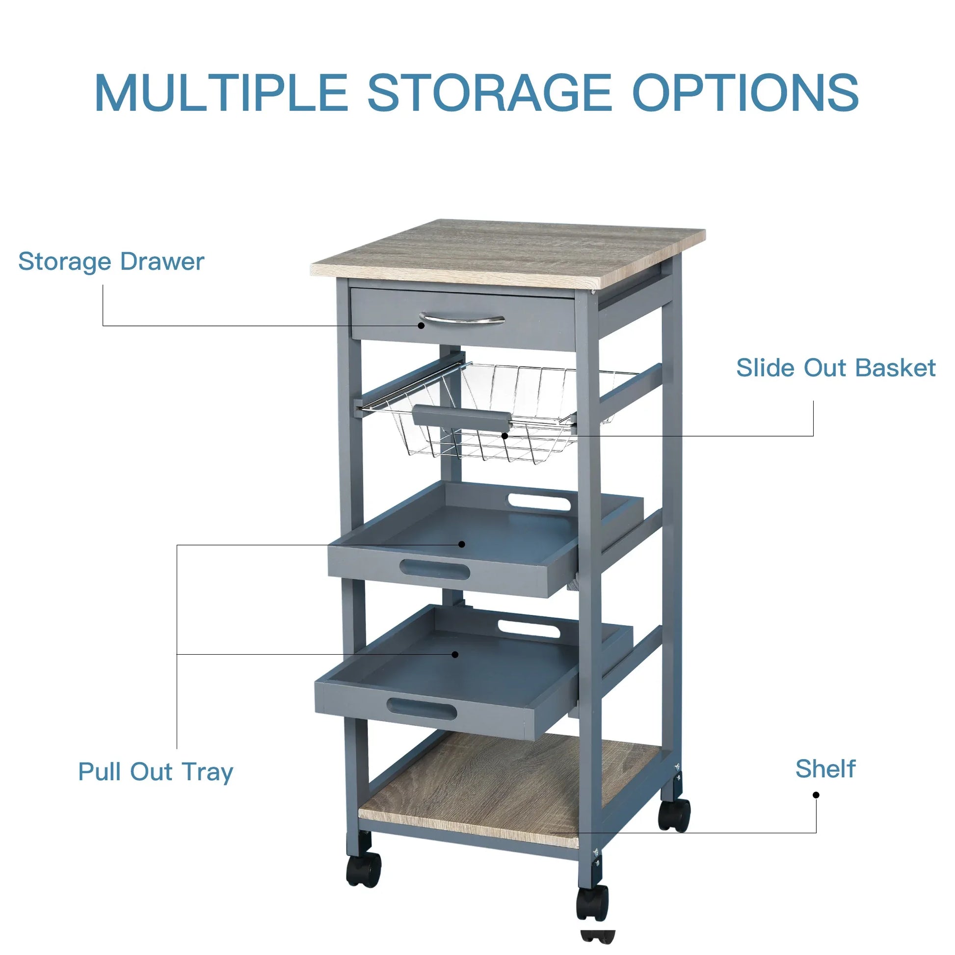 Rolling Kitchen Cart – Solid Wood Island with Drawer, Trays & Basket-SROYAS 