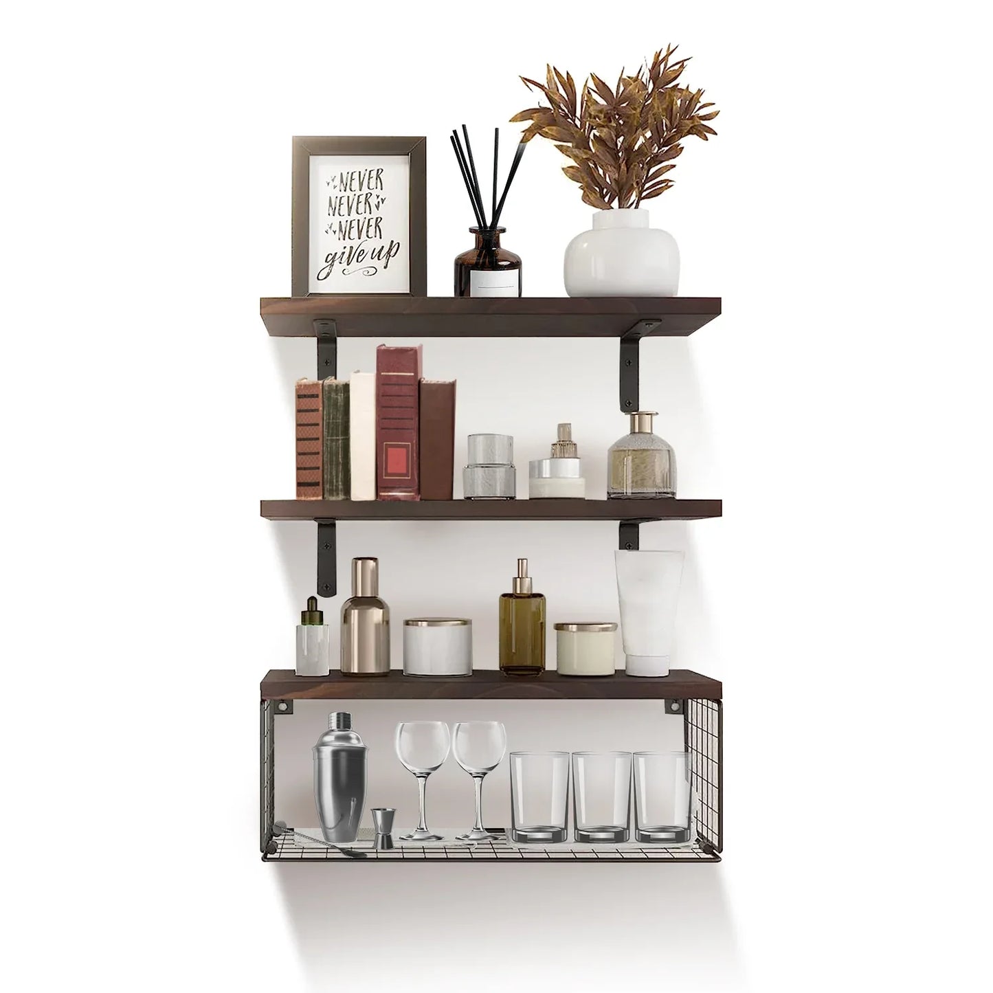 Rustic Floating Shelves with Iron Storage Basket | 3 Wood Shelves + Basket Wall Organizer-SROYAS 