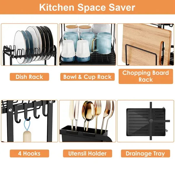 2-Tier Dish Drying Rack with Drainboard, Utensil Holder, Black-SROYAS 