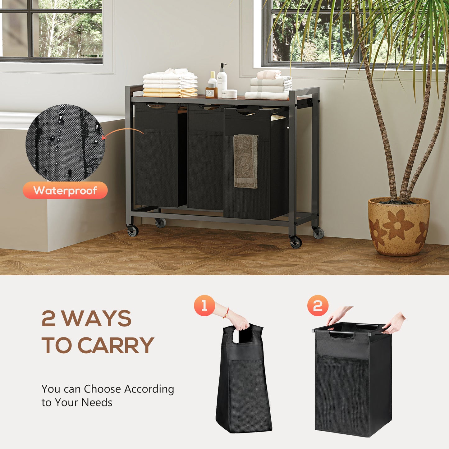 Laundry Hamper with Pull-Out Bags, Shelf and Wheels | 2 or 3 Basket Sorter for bathroom organization and vanity storage - SROYAS