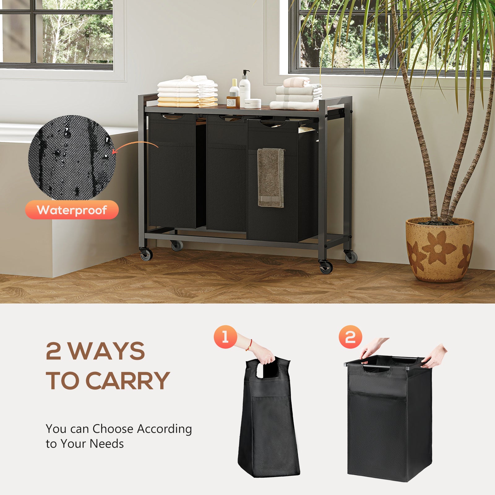 Laundry Hamper with Pull-Out Bags, Shelf and Wheels | 2 or 3 Basket Sorter for bathroom organization and vanity storage - SROYAS
