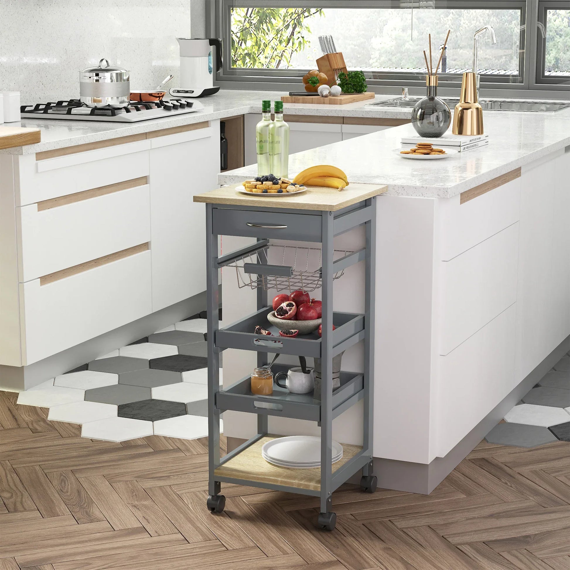 Rolling Kitchen Cart – Solid Wood Island with Drawer, Trays & Basket-SROYAS 