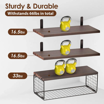 Rustic Floating Shelves with Iron Storage Basket | 3 Wood Shelves + Basket Wall Organizer-SROYAS 