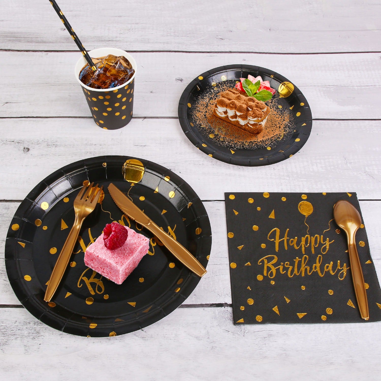 Disposable Birthday Dinnerware Set for 25 | Black and Gold view 5 for bathroom organization and vanity storage