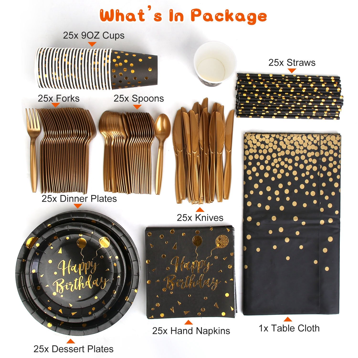 Disposable Birthday Dinnerware Set for 25 | Black and Gold view 7 for bathroom organization and vanity storage