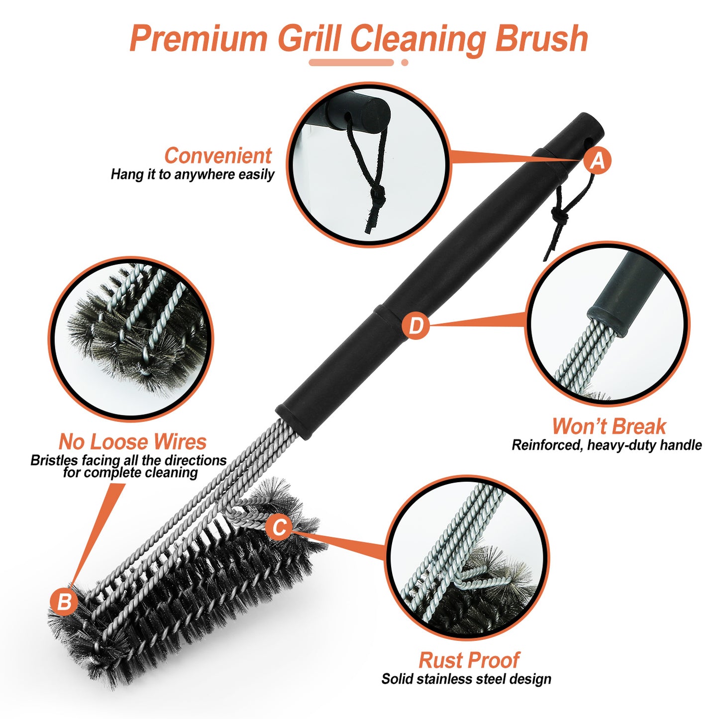 BBQ Grill Cleaning Brush – 18” Stainless Steel Scrubber-SROYAS 