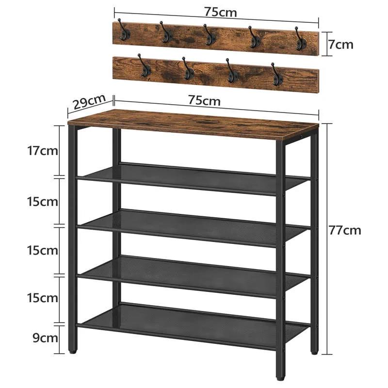 4-Tier Wooden Shoe Storage Rack with Coat Hooks for Entryway-SROYAS 