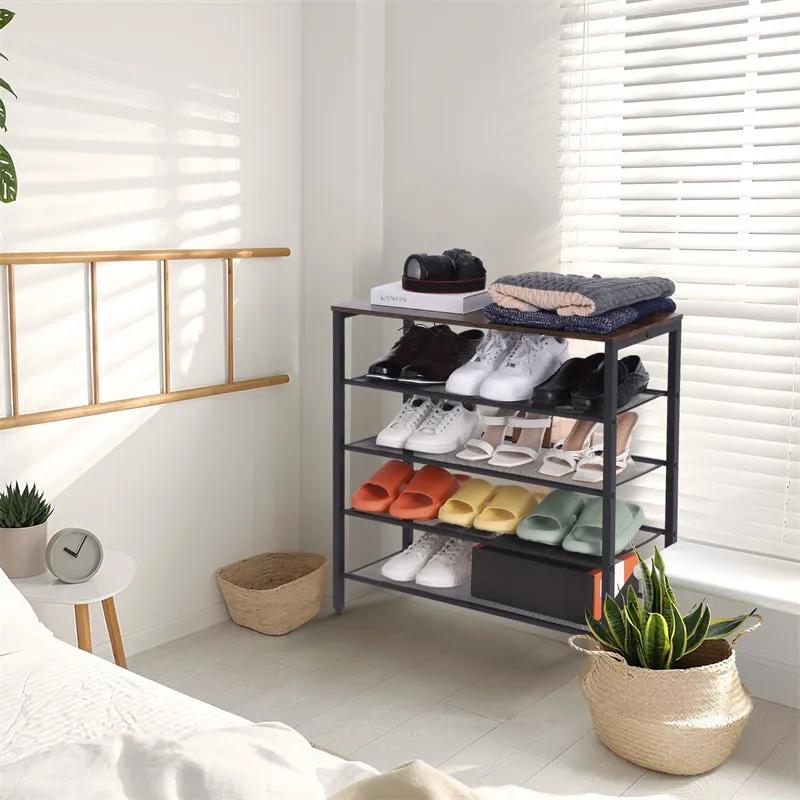 4-Tier Wooden Shoe Storage Rack with Coat Hooks for Entryway-SROYAS 