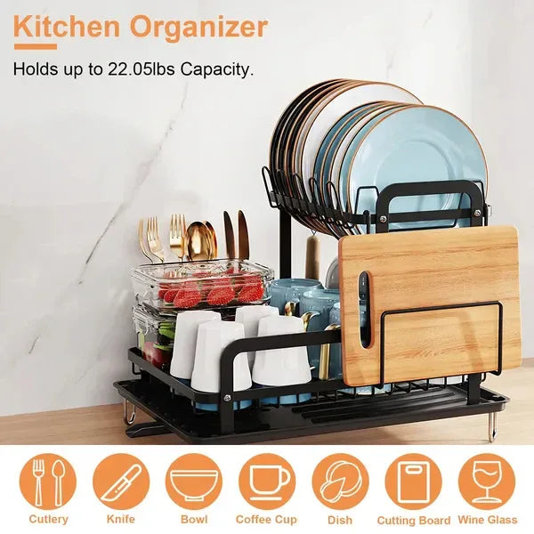 2-Tier Dish Drying Rack with Drainboard, Utensil Holder, Black-SROYAS 