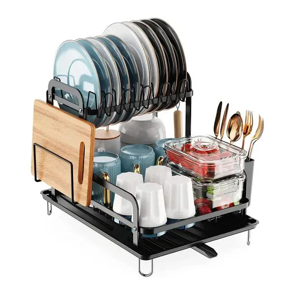 2-Tier Dish Drying Rack with Drainboard, Utensil Holder, Black-SROYAS 