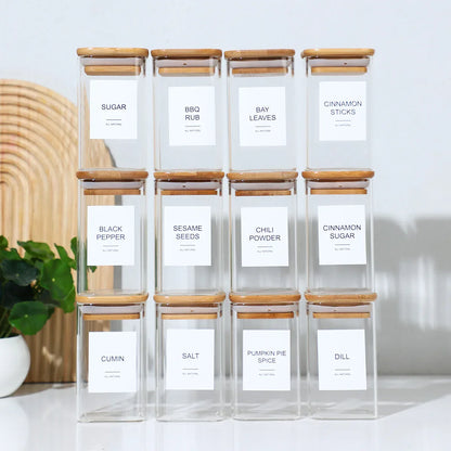 12-Piece Square Spice Jar Set with 72 Labels | Glass Kitchen Seasoning Organizer-SROYAS 