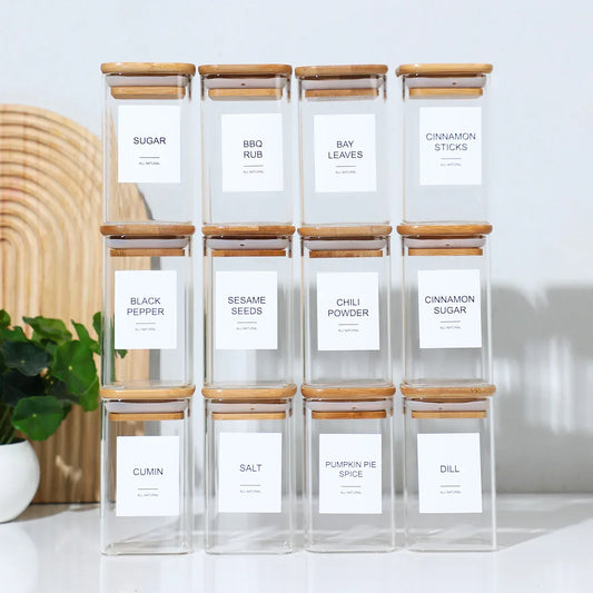12-Piece Square Spice Jar Set with 72 Labels | Glass Kitchen Seasoning Organizer-SROYAS 