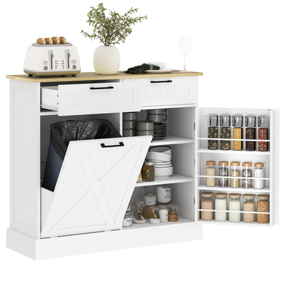 Farmhouse Tilt-Out Trash Cabinet with 3-Tier Spice Rack-SROYAS -Color:White-Size:1165x560x210 mm
