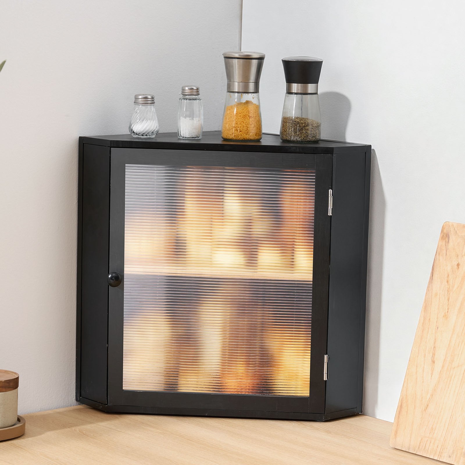 Corner Bread Box for Kitchen Counter – Double Layer Bamboo Storage with Adjustable Divider-SROYAS -color:Black
