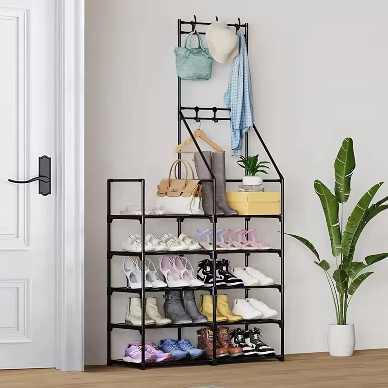 Entryway Shoe Rack with Coat Hooks and Shelves for entryway organization and shoe storage