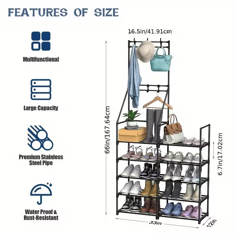 Entryway Shoe Rack with Coat Hooks and Shelves view 2 for entryway organization and shoe storage
