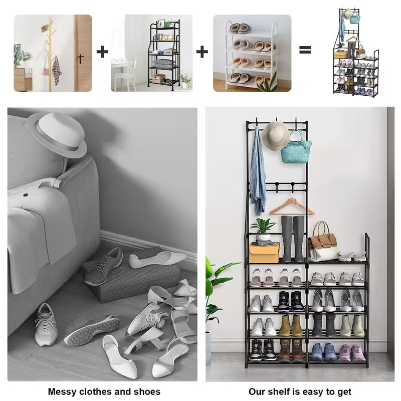Entryway Shoe Rack with Coat Hooks and Shelves view 3 for entryway organization and shoe storage