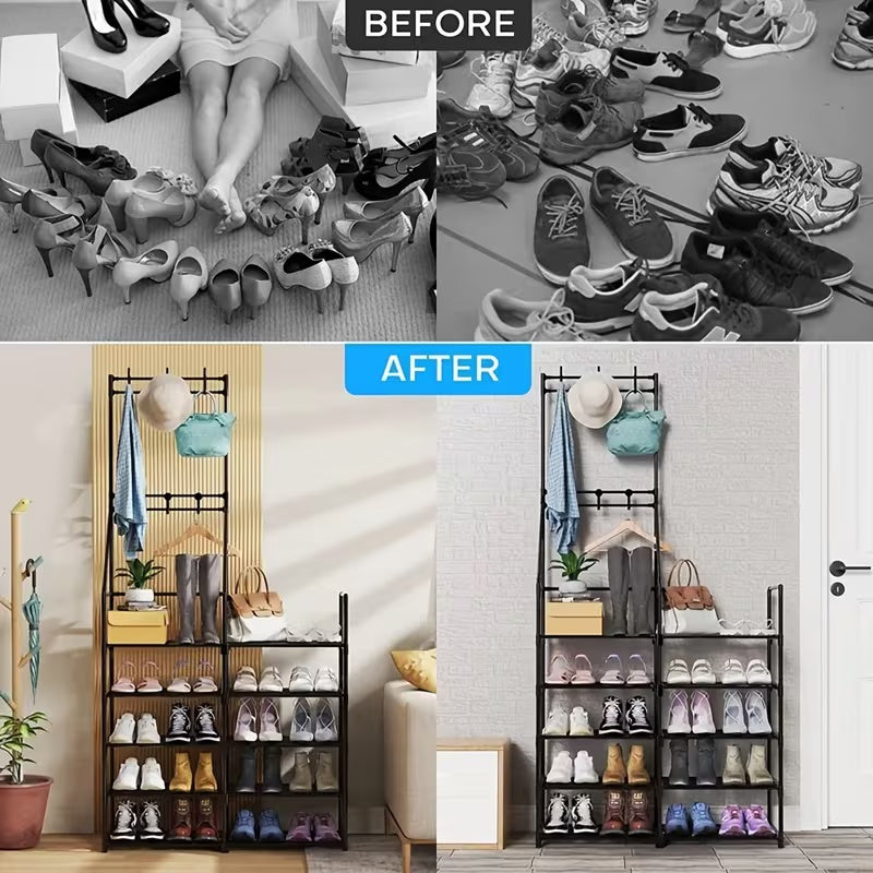 Entryway Shoe Rack with Coat Hooks and Shelves view 6 for entryway organization and shoe storage
