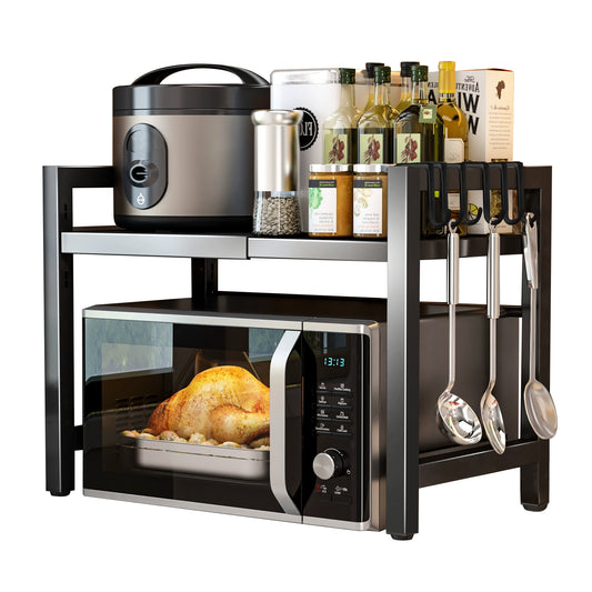 Expandable black rack above a countertop appliance with utensils