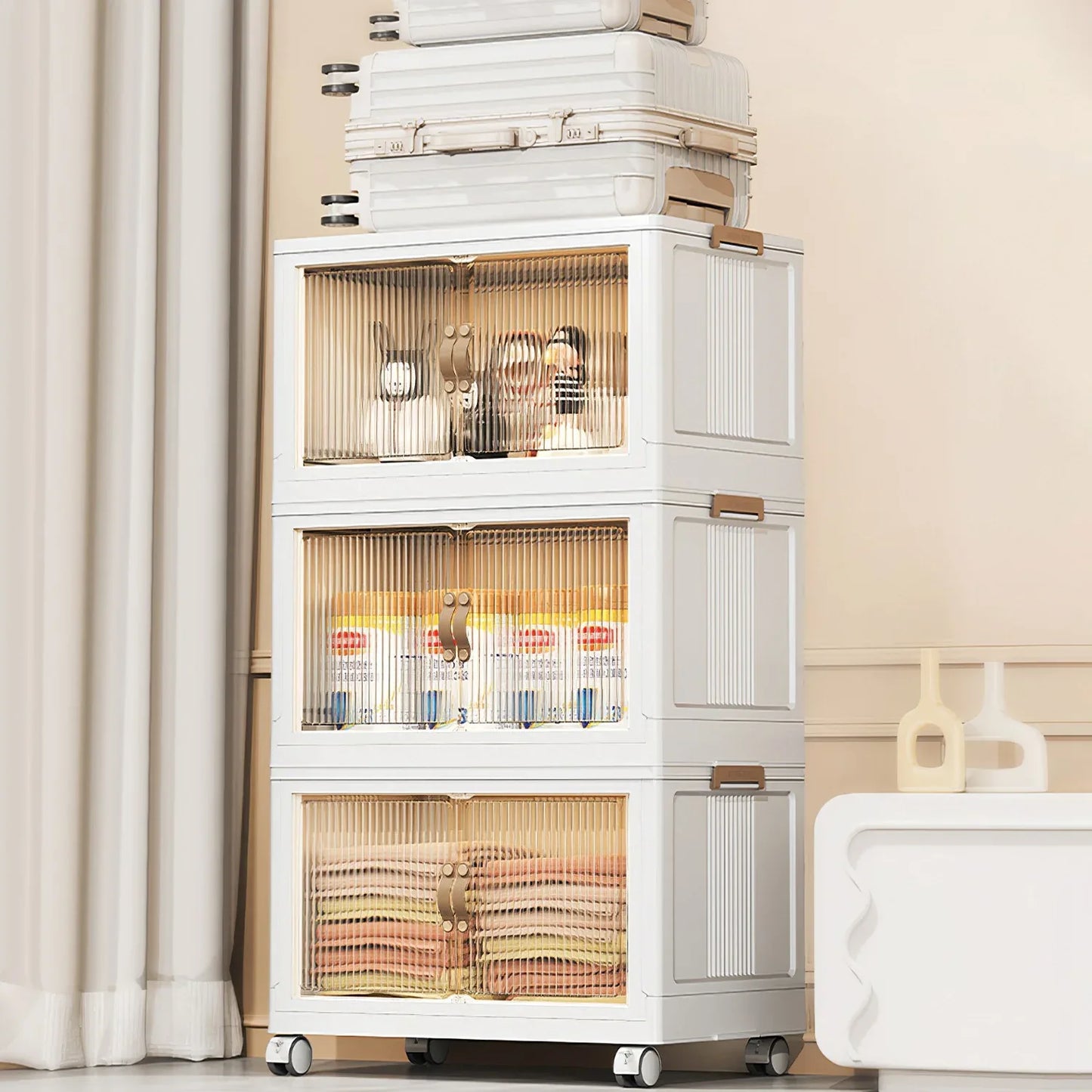 3-Piece Foldable Storage Bins with Lid, Wheels and Magnetic Door | Stackable Home Organizer for pantry food storage and kitchen organization - SROYAS