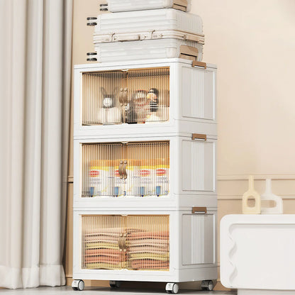 3-Piece Foldable Storage Bins with Lid, Wheels and Magnetic Door | Stackable Home Organizer for pantry food storage and kitchen organization - SROYAS