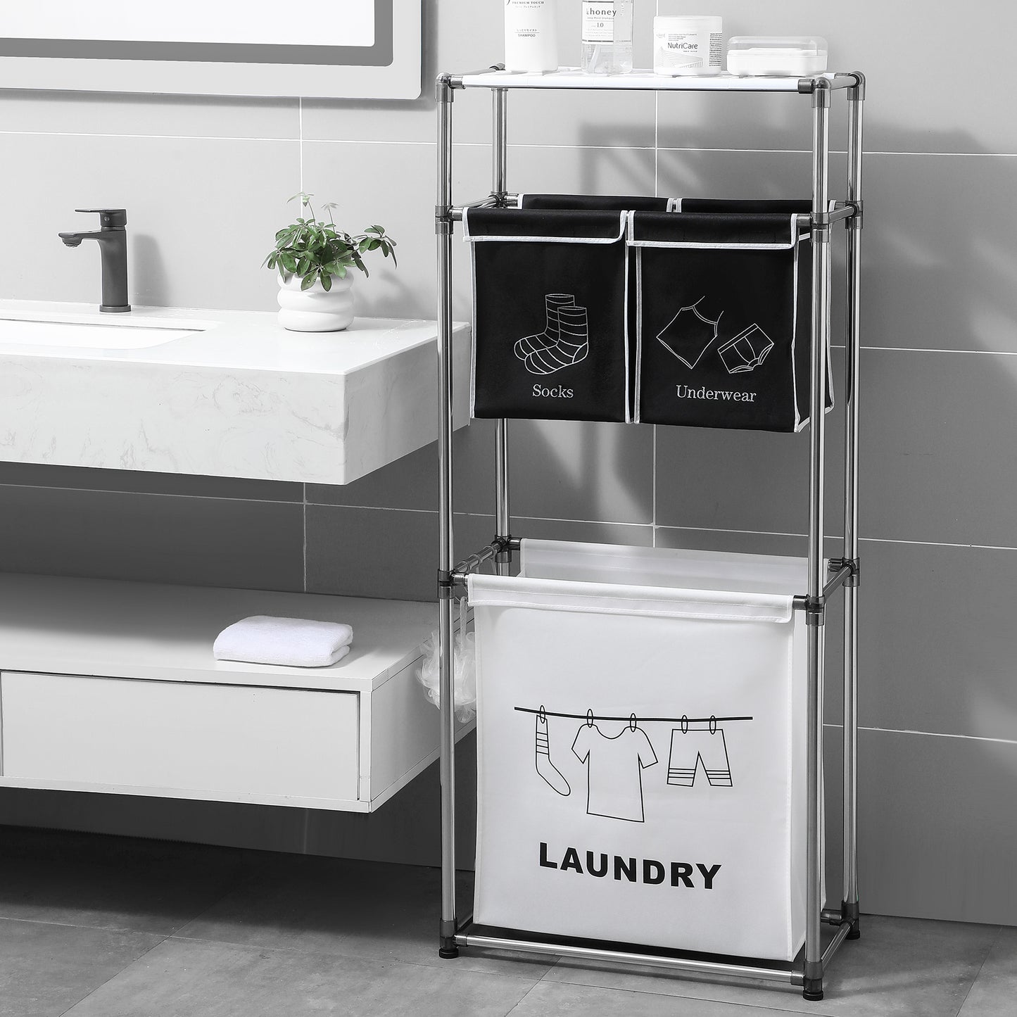 3-Tier Laundry Hamper Sorter | 4 Removable Bags, Wheels and Hooks for laundry room organization and clothes storage - SROYAS