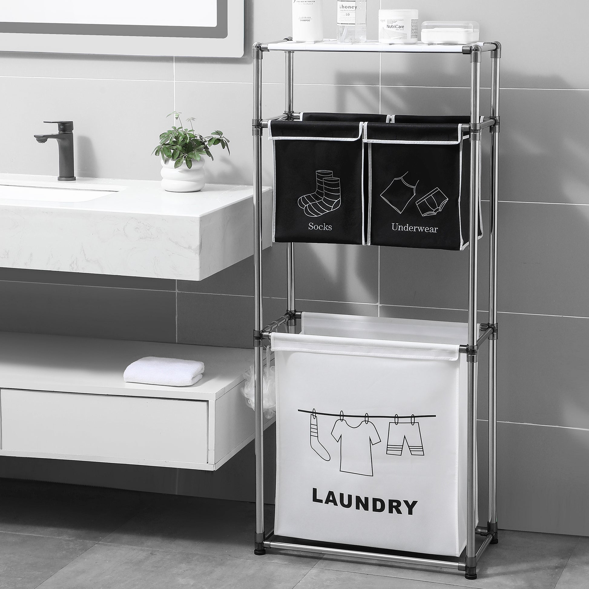3-Tier Laundry Hamper Sorter | 4 Removable Bags, Wheels and Hooks for laundry room organization and clothes storage - SROYAS