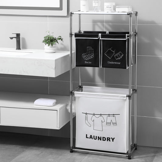 3-Tier Laundry Hamper Sorter | 4 Removable Bags, Wheels and Hooks for laundry room organization and clothes storage - SROYAS