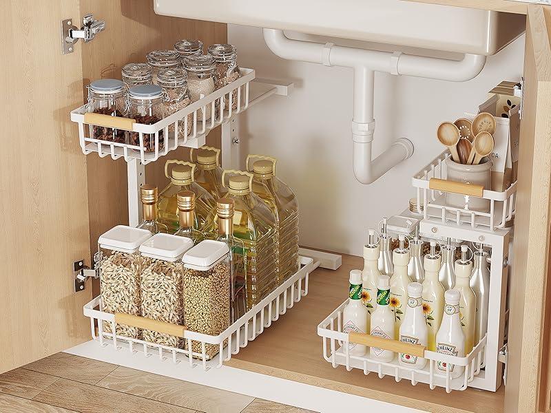 Under Sink Pull-Out Organizer – L-Shaped, 5-Level Adjustable Height-SROYAS -Color:1Pack White