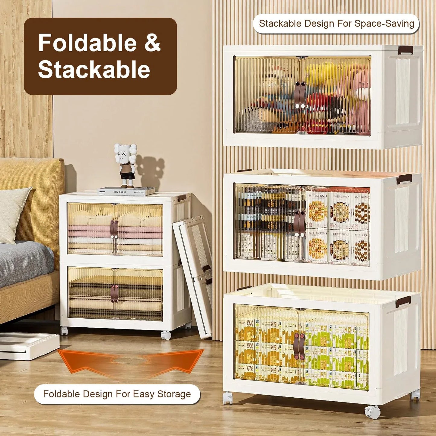 3-Piece Foldable Storage Bins with Lid, Wheels and Magnetic Door | Stackable Home Organizer for pantry food storage and kitchen organization - SROYAS