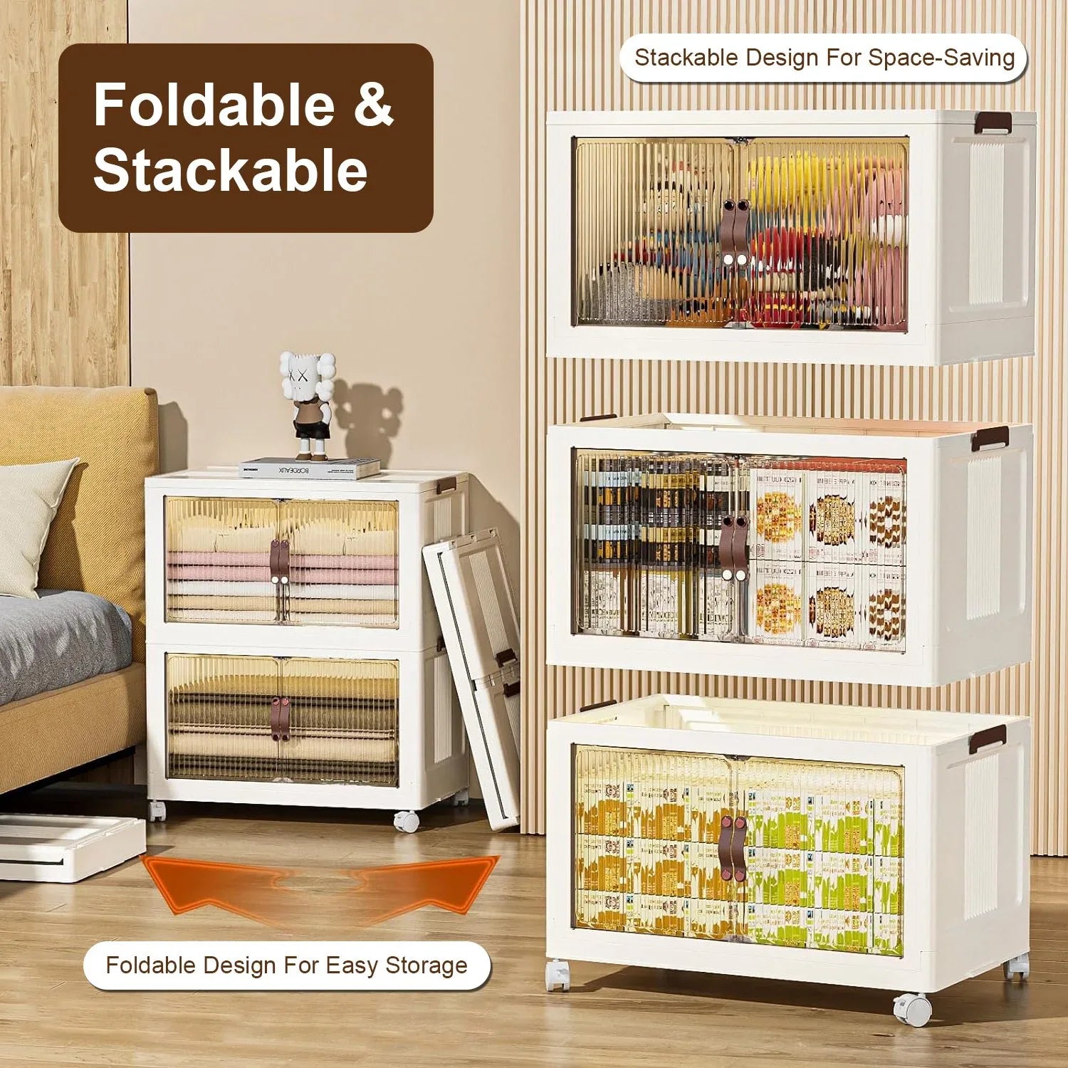 3-Piece Foldable Storage Bins with Lid, Wheels and Magnetic Door | Stackable Home Organizer for pantry food storage and kitchen organization - SROYAS