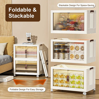 3-Piece Foldable Storage Bins with Lid, Wheels and Magnetic Door | Stackable Home Organizer for pantry food storage and kitchen organization - SROYAS
