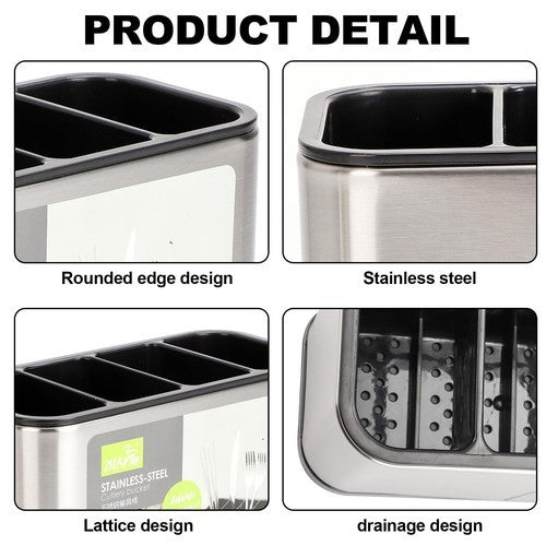 Stainless Steel Utensil Holder with 4 Compartments & Drain Base - product image 4 | SROYAS kitchen countertop organizer