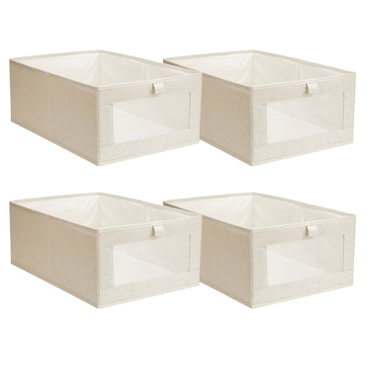 Four beige closet bins with clear front windows